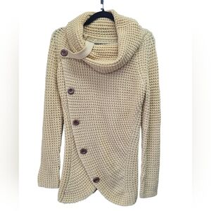 Cream Chunky Knit Asymmetrical Button Cowl Neck Cardigan‎ Cozy Wrap Sweater Boho